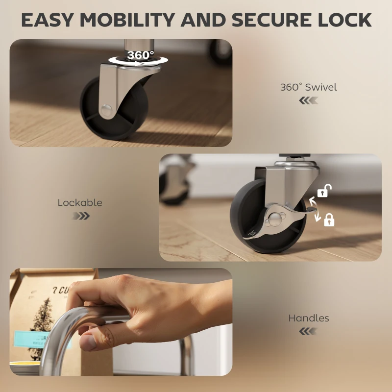 HOMCOM 4 Tier Stainless Steel Rolling Cart with Adjustable Shelves, Utility Cart on Wheels with Handles for Kitchen, Silver