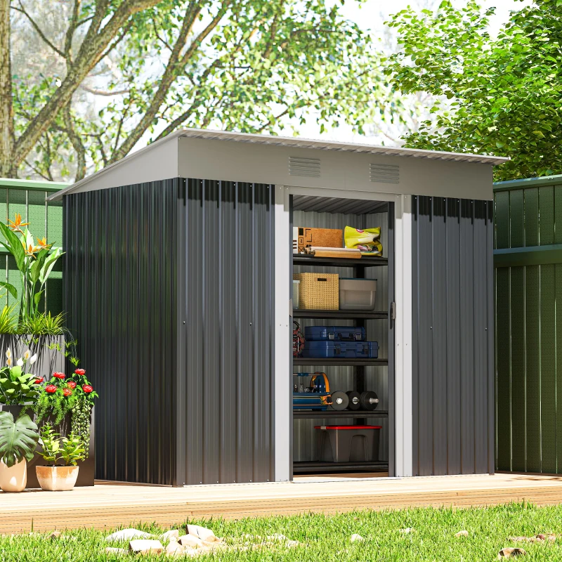 Outsunny 7' x 3.6' Metal Garden Shed, Backyard Tool Storage Shed with Dual Locking Doors, 2 Air Vents and Steel Frame, Gray