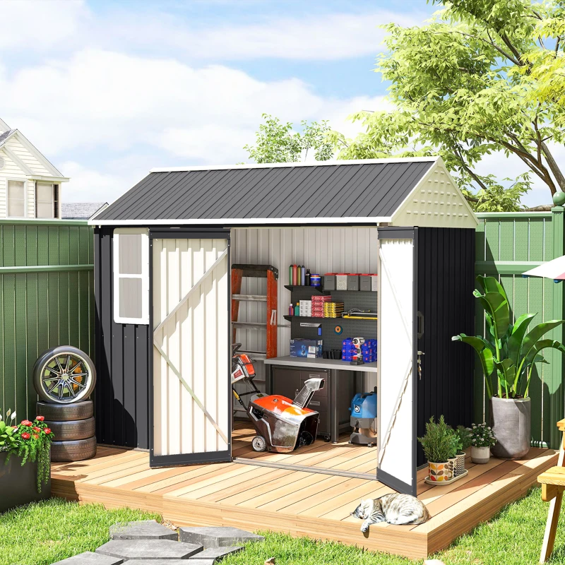 Outsunny 8' x 6' Metal Garden Storage Shed, Extra Large Outdoor Tool Storage House w/ Doors, Window and Air Vents, Dark Gray