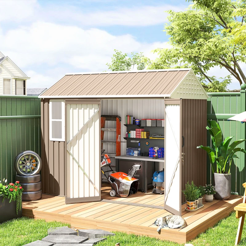Outsunny 8' x 6' Metal Garden Storage Shed, Extra Large Outdoor Tool Storage House w/ Doors, Window and Air Vents, Brown