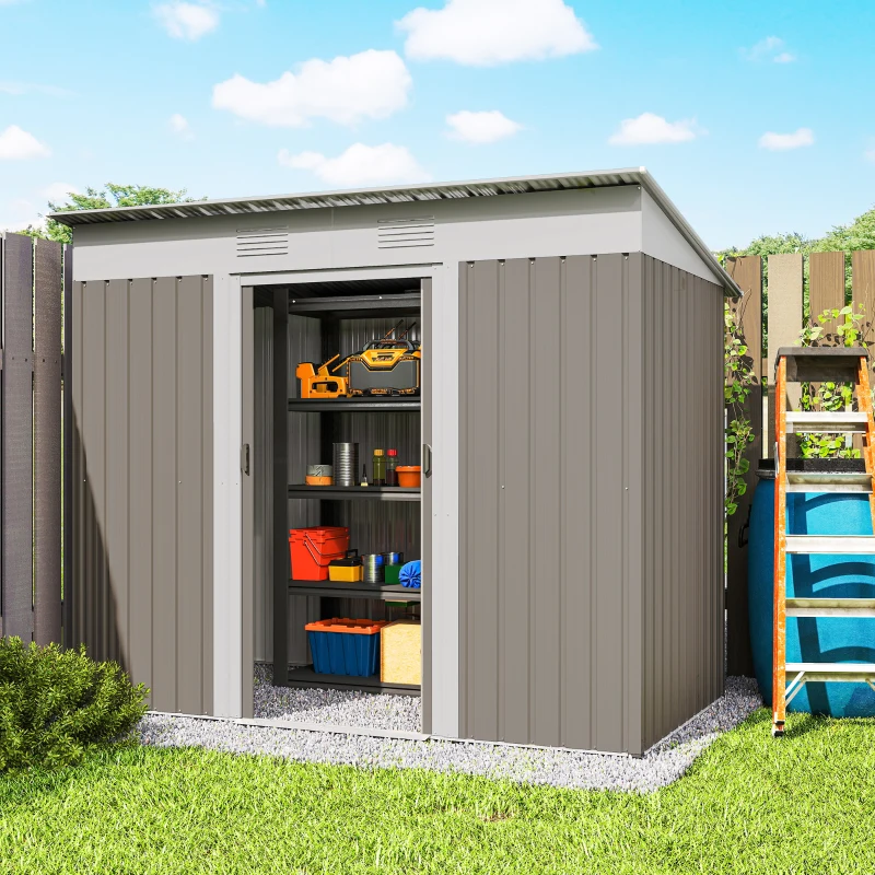 Outsunny 7' x 4' Metal Garden Shed, Backyard Tool Storage Shed with Dual Locking Doors, 2 Air Vents and Steel Frame, Light Gray