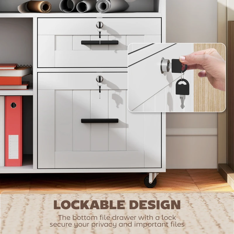 HOMCOM Mobile Printer Stand with Charging Station and USB Ports, Locking Filing Cabinet for A4 and Letter Size, White