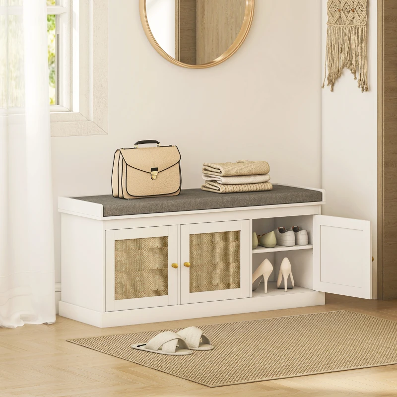 HOMCOM Shoe Storage Bench with Woven Rattan Doors, Shoe Bench with Cushion, Adjustable Shelves, Entryway Bench, White
