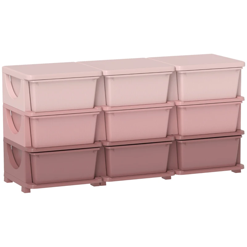 Qaba 3 Tier Kids Toy Organizer and Storage Bins with 9 Plastic Drawers, Pink