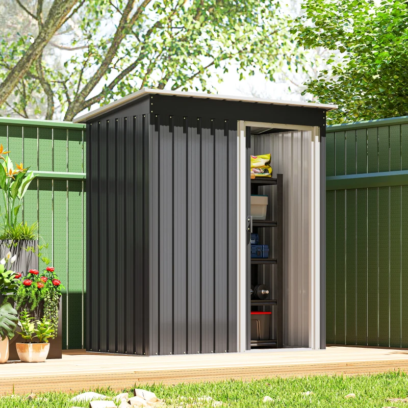 Outsunny 5 x 3 FT Outdoor Storage Shed with Sliding Door and Sloped Roof, Steel Frame Garden Shed Tool Equipment, Black