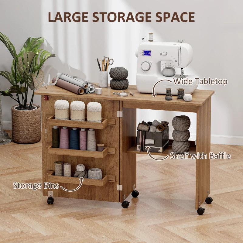 HOMCOM Sewing Machine Cabinet, Folding Sewing Table with Storage Shelf, Bins and Lockable Wheels for Small Space, Brown