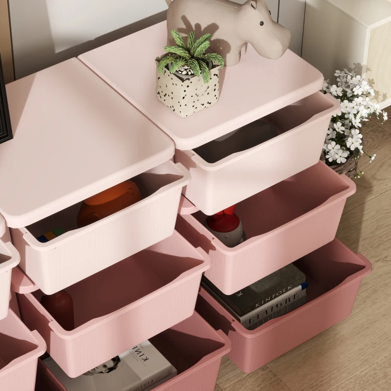 Qaba 3 Tier Kids Toy Organizer and Storage Bins with 9 Plastic Drawers, Pink