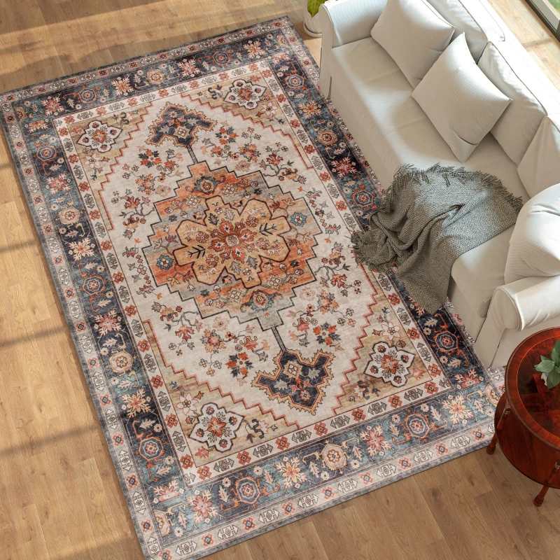 HOMCOM Area Rug 8x10, Machine Washable Rug, Non-Slip Boho Print Pattern Medallion Carpet for Living Room, Bedroom, Tawny Brown