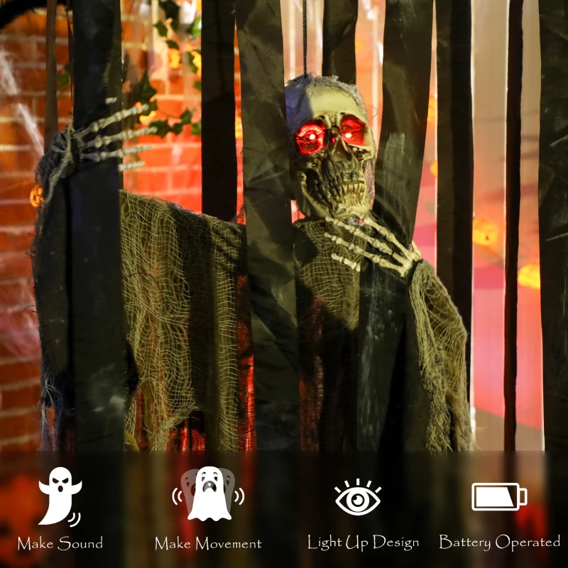 Outsunny Animatronics Hanging Skeleton Reaper in Cage, Voice-Activated Prop with Flashing Eyes, Easy Setup Indoor