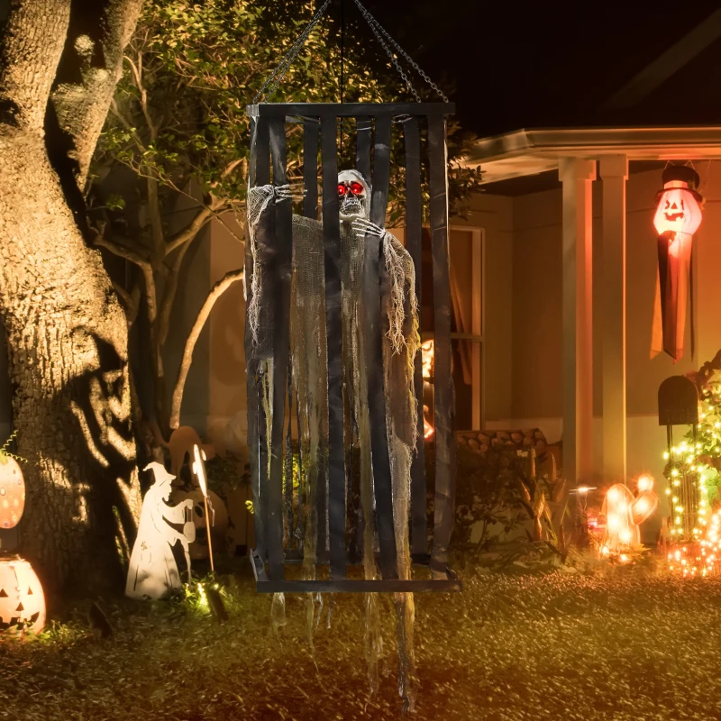 Outsunny Animatronics Hanging Skeleton Reaper in Cage, Voice-Activated Prop with Flashing Eyes, Easy Setup Indoor