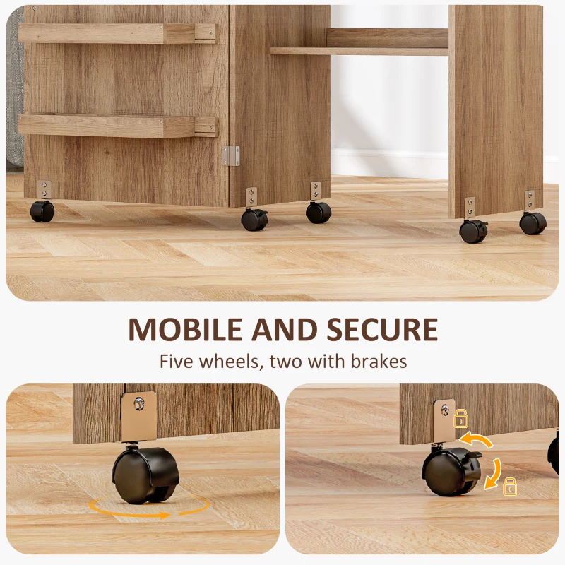 HOMCOM Sewing Machine Cabinet, Folding Sewing Table with Storage Shelf, Bins and Lockable Wheels for Small Space, Brown