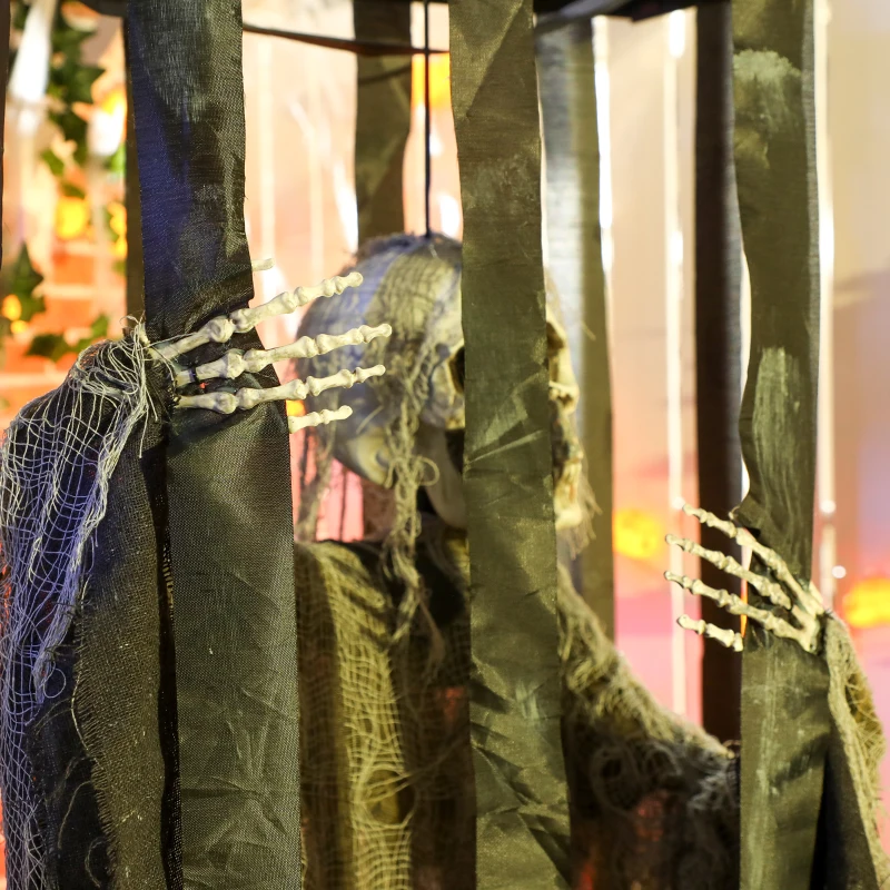 Outsunny Animatronics Hanging Skeleton Reaper in Cage, Voice-Activated Prop with Flashing Eyes, Easy Setup Indoor
