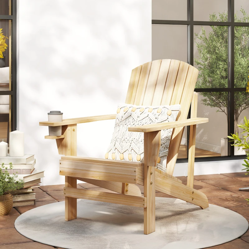 Outsunny Oversized Adirondack Chair, Outdoor Fire Pit and Porch Seating, Classic Log Lounge w/ Built-in Cupholder, Natural Wood