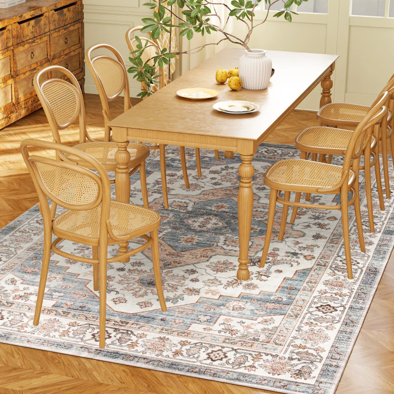 HOMCOM 4x6 Area Rug, Vintage Machine Washable Rug, Non-Slip Carpet for Living Room, Bedroom, Dining Room, Brown & Light Blue
