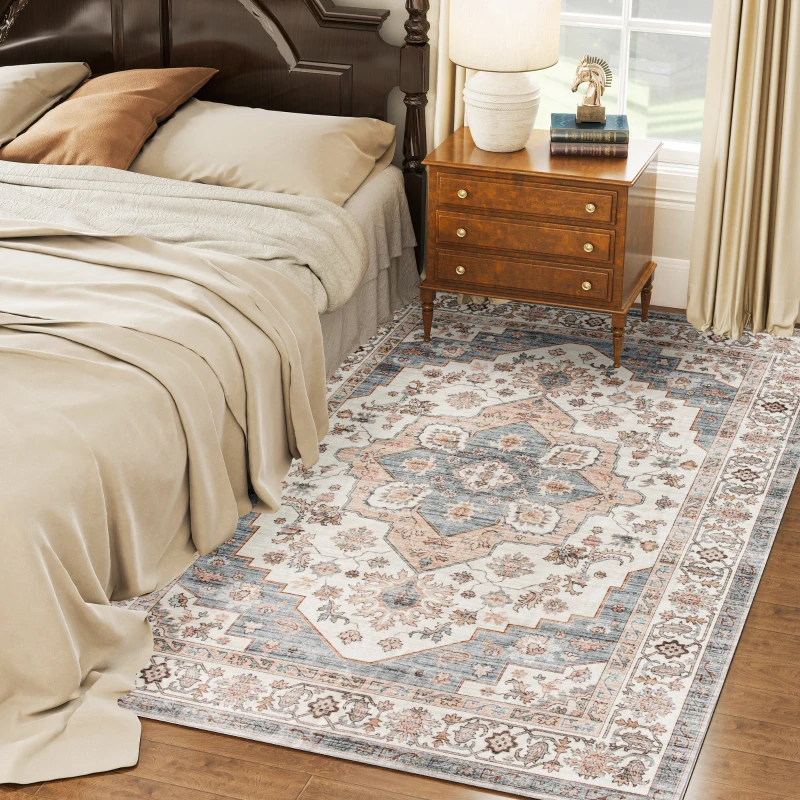 HOMCOM 5x7 Area Rug, Vintage Machine Washable Rug, Non-Slip Carpet for Living Room, Bedroom, Dining Room, Brown & Light Blue