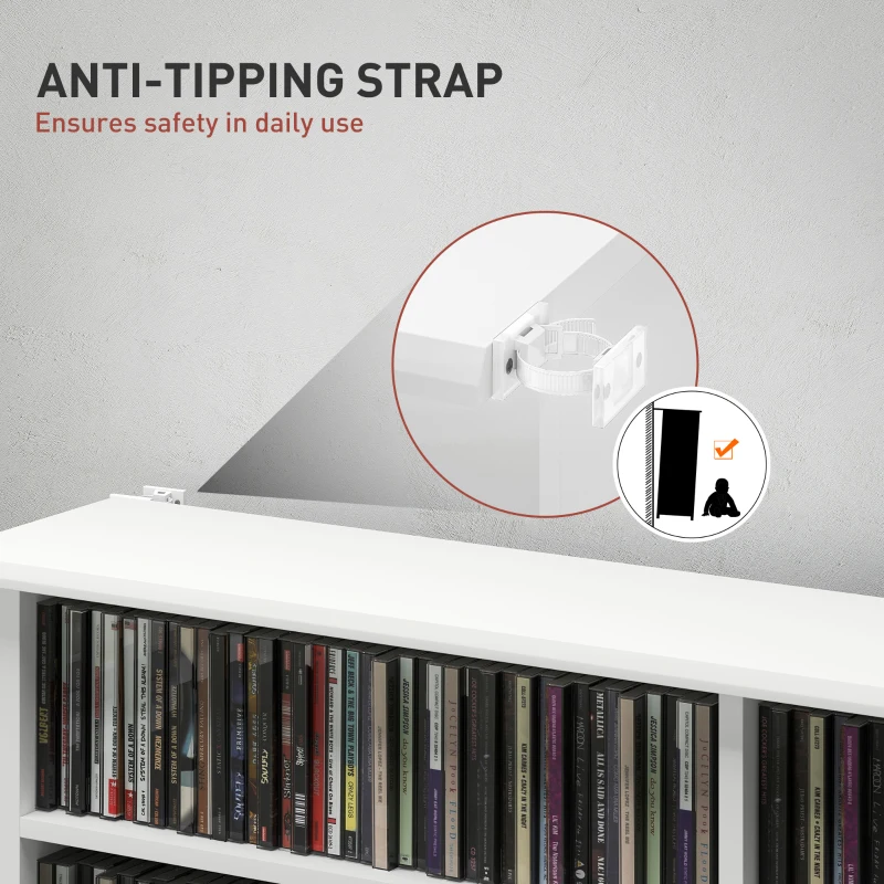 HOMCOM 8-Tier DVD Shelf with 12 Adjustable Shelves, Double CD Shelf, Holds 720 CDs, 396 DVDs or 396 Blu-rays, White