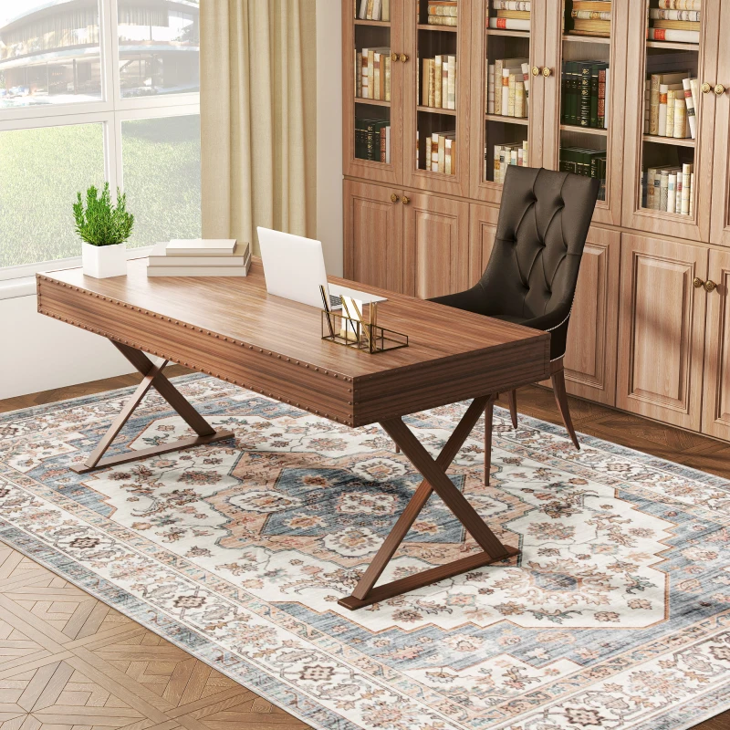 HOMCOM 8x10 Area Rug, Vintage Machine Washable Rug, Non-Slip Carpet for Living Room, Bedroom, Dining Room, Brown & Light Blue