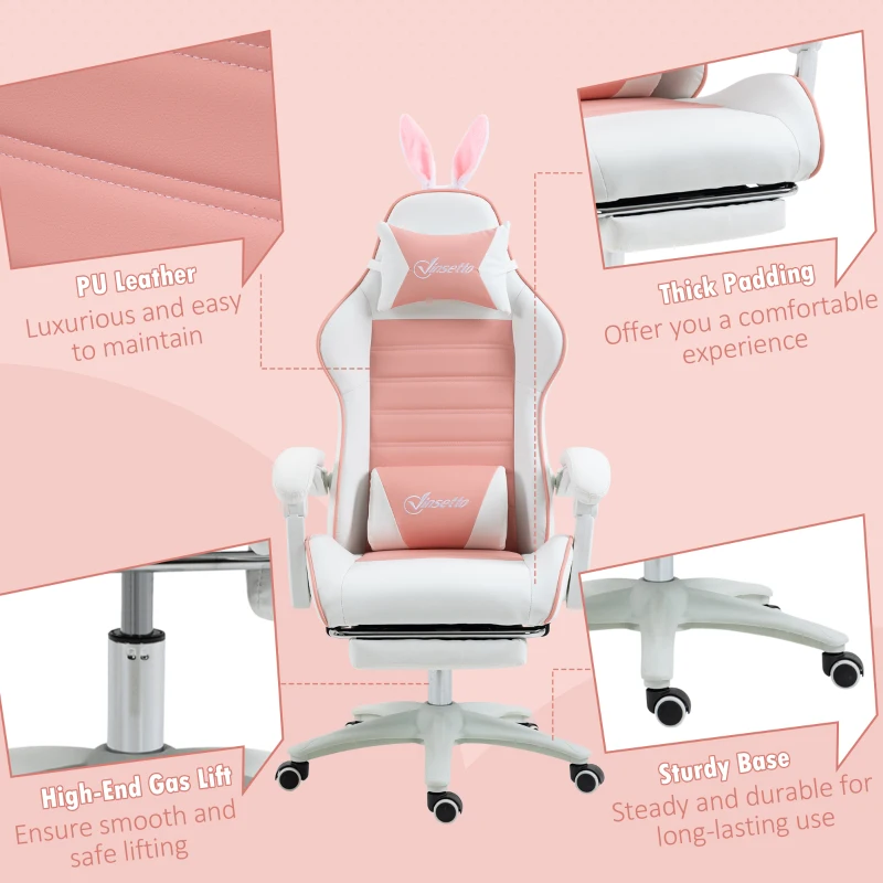 HOMCOM Cute Racing Gamer Chair, PU Leather Gaming Chair with Footrest, Headrest and Lumbar Support, Pink