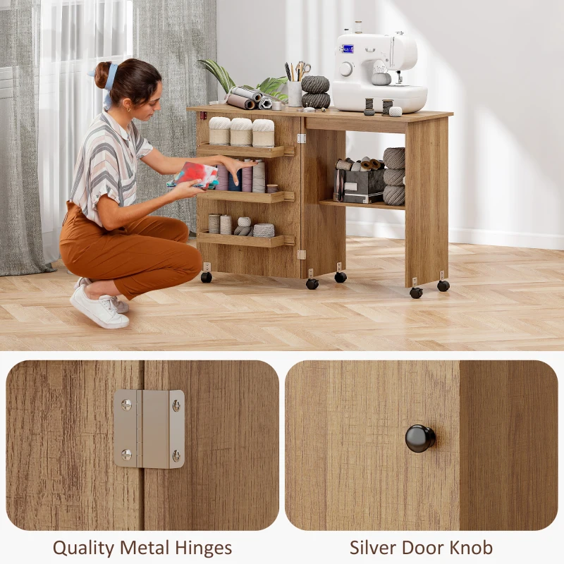 HOMCOM Sewing Machine Cabinet, Folding Sewing Table with Storage Shelf, Bins and Lockable Wheels for Small Space, Brown