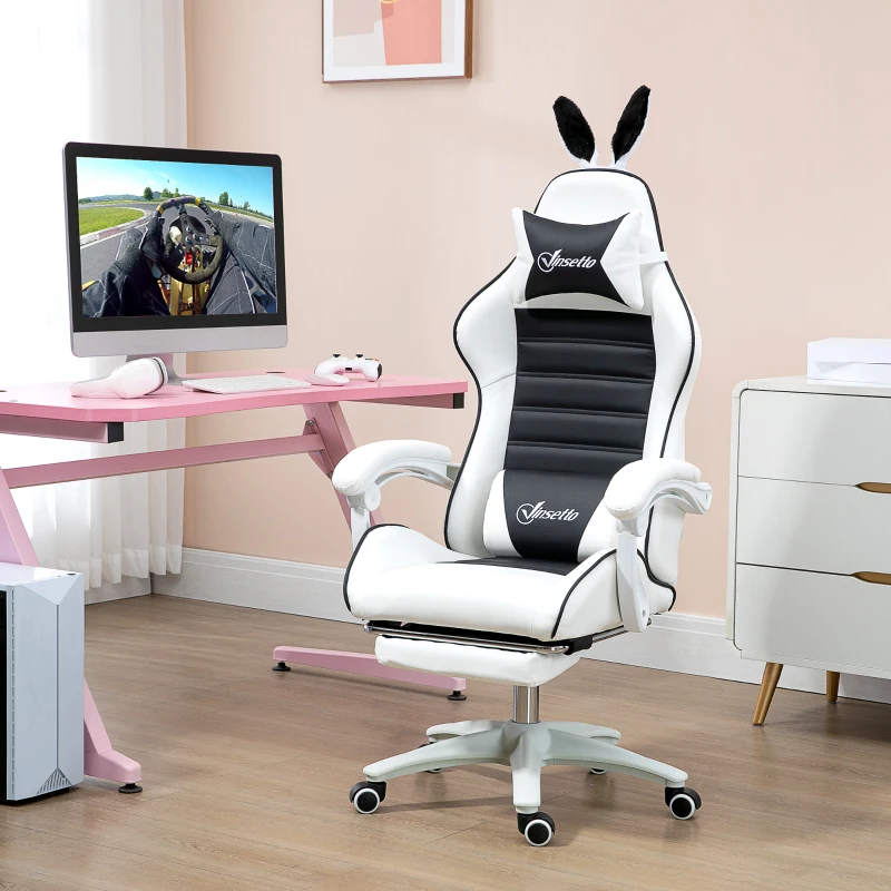 HOMCOM Cute Racing Gamer Chair, PU Leather Gaming Chair with Footrest, Headrest and Lumbar Support, Black