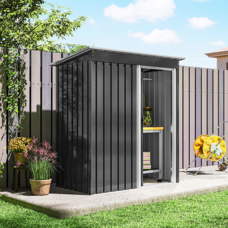 Outsunny 5 x 3 FT Outdoor Storage Shed with Sliding Door and Sloped Roof, Steel Frame Garden Shed Tool Equipment, Black