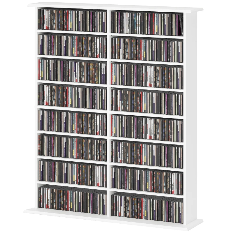 HOMCOM 8-Tier DVD Shelf with 12 Adjustable Shelves, Double CD Shelf, Holds 720 CDs, 396 DVDs or 396 Blu-rays, White