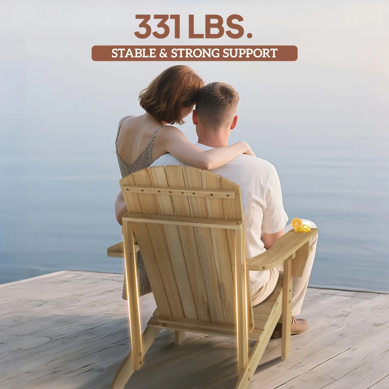 Outsunny Oversized Adirondack Chair, Outdoor Fire Pit and Porch Seating, Classic Log Lounge w/ Built-in Cupholder, Natural Wood