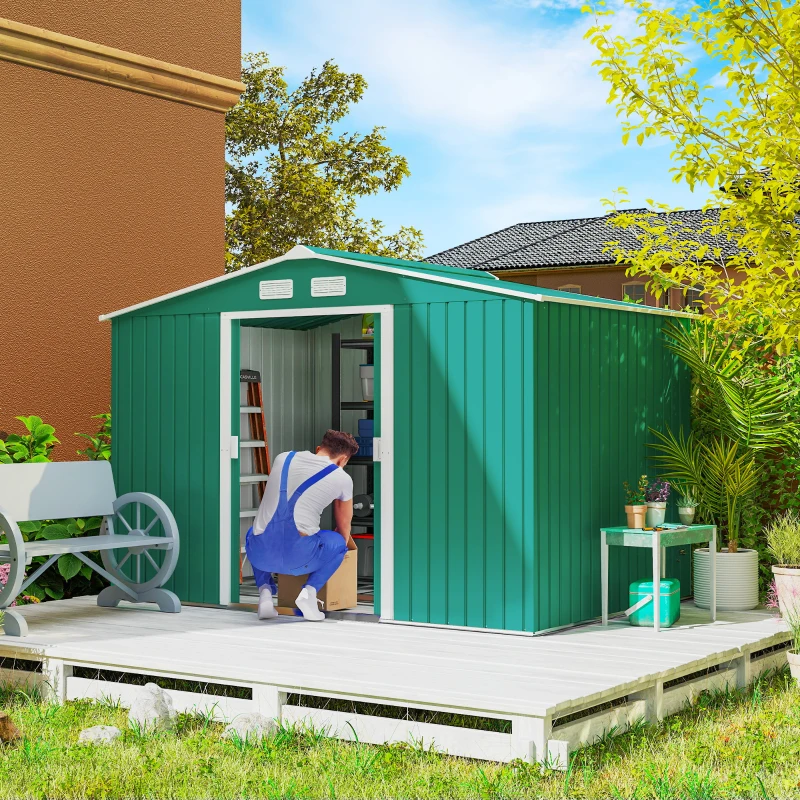 Outsunny 9.1' x 6.4' x 6.3' Garden Storage Shed w/ Foundation Kit Metal Tool Storage House w/ Double Doors Green