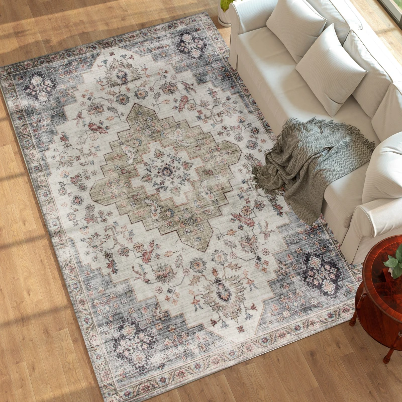 HOMCOM 8x10 Area Rug, Vintage Machine Washable Rug, Non-Slip Carpet for Living Room, Bedroom, Dining Room, Brown and Green