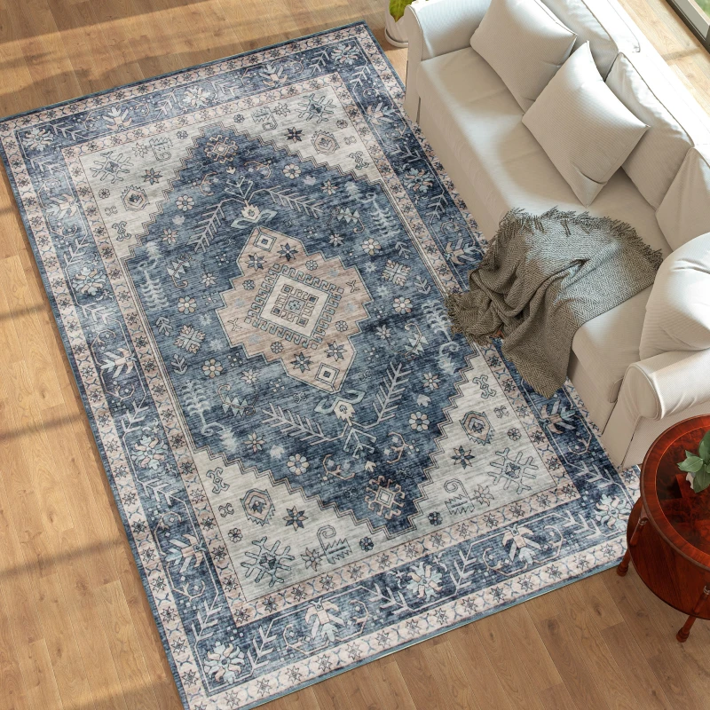 HOMCOM 8x10 Area Rug, Vintage Washable Rug, Non-Slip Floor Carpet for Living Room, Bedroom, Dining Room, Blue