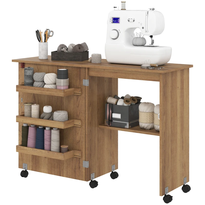 HOMCOM Sewing Machine Cabinet, Folding Sewing Table with Storage Shelf, Bins and Lockable Wheels for Small Space, Brown