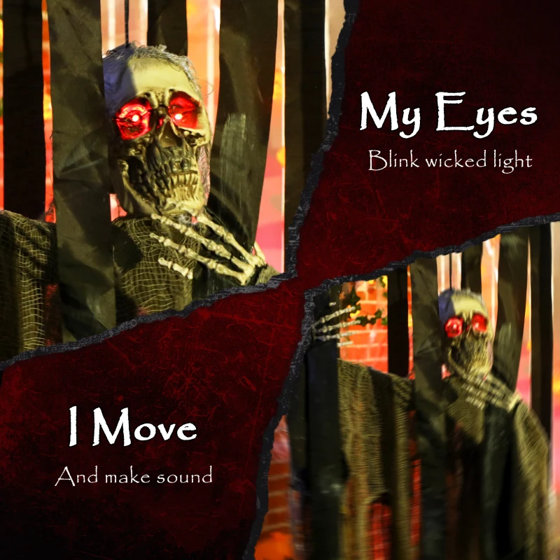 Outsunny Animatronics Hanging Skeleton Reaper in Cage, Voice-Activated Prop with Flashing Eyes, Easy Setup Indoor