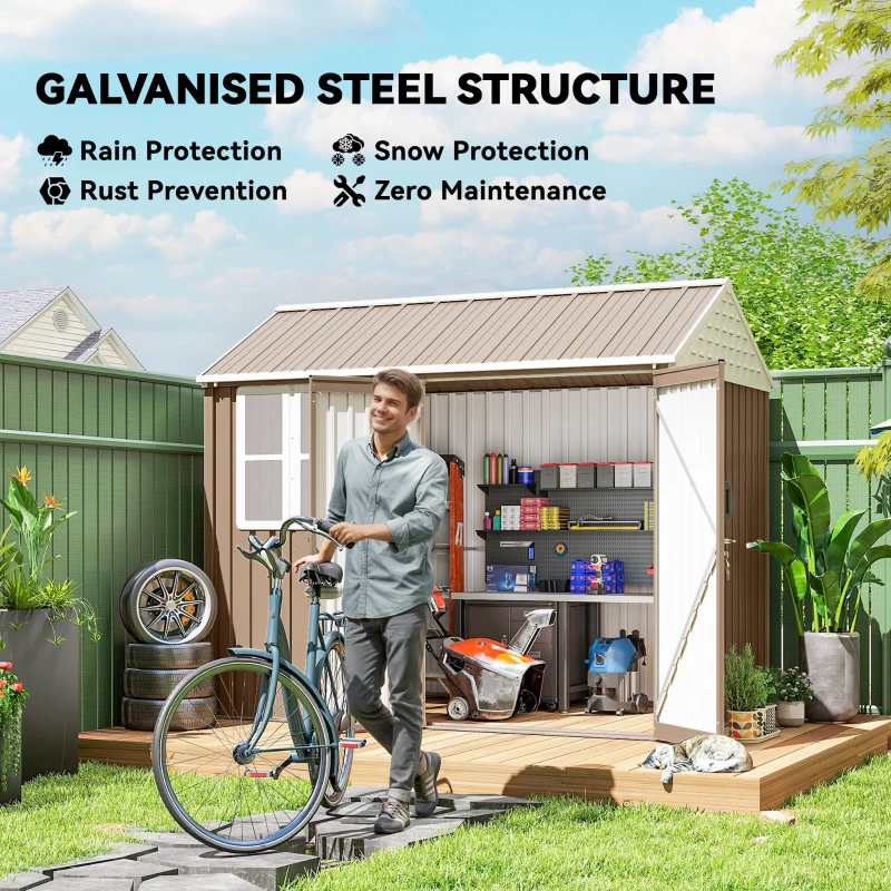 Outsunny 8' x 6' Metal Garden Storage Shed, Extra Large Outdoor Tool Storage House w/ Doors, Window and Air Vents, Brown