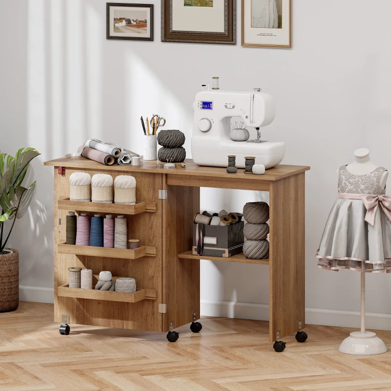 HOMCOM Sewing Machine Cabinet, Folding Sewing Table with Storage Shelf, Bins and Lockable Wheels for Small Space, Brown