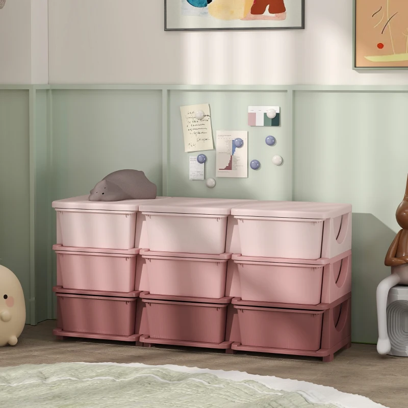 Qaba 3 Tier Kids Toy Organizer and Storage Bins with 9 Plastic Drawers, Pink