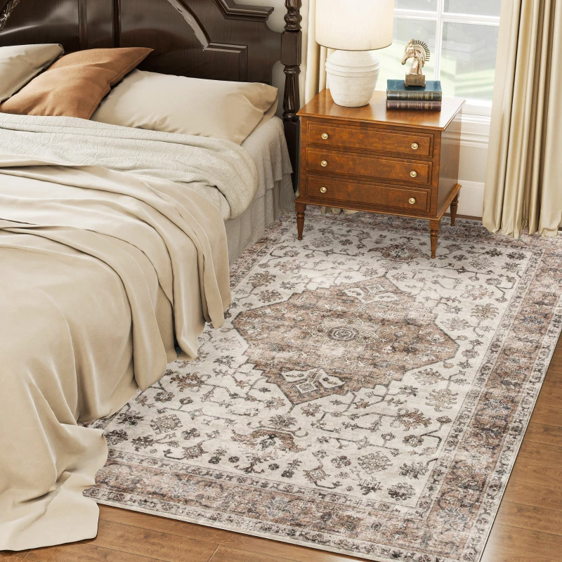 HOMCOM 5x7 Area Rug, Vintage Machine Washable Rug, Non-Slip Floor Carpet for Living Room, Bedroom, Dining Room, Tan