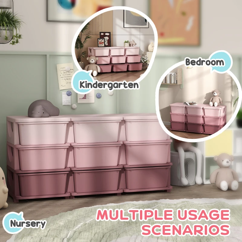 Qaba 3 Tier Kids Toy Organizer and Storage Bins with 9 Plastic Drawers, Pink