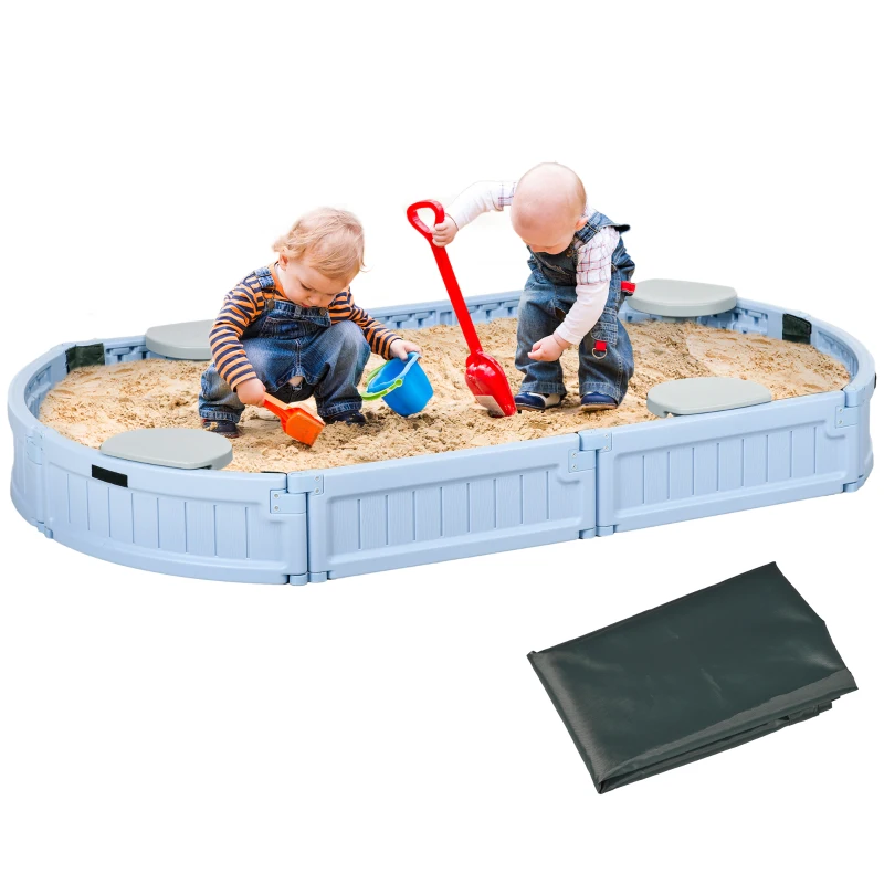 Outsunny Kids Outdoor Sandbox with Cover, Seat Board for Backyard, Light Blue, 72" x 41.25" x 8.75"