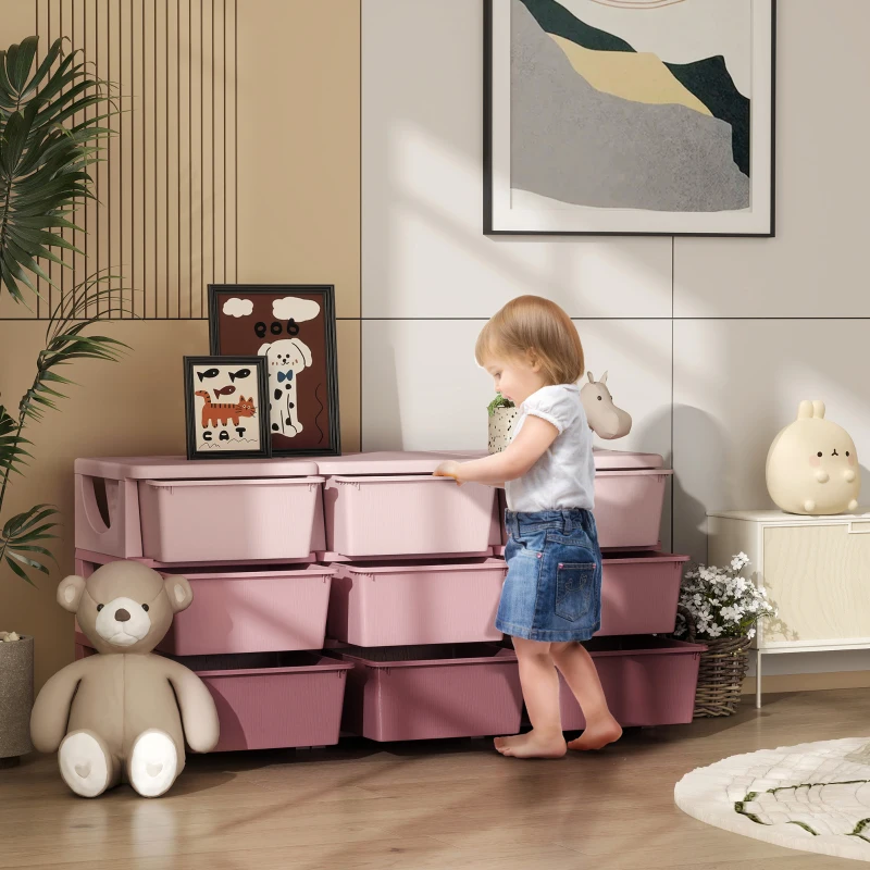 Qaba 3 Tier Kids Toy Organizer and Storage Bins with 9 Plastic Drawers, Pink