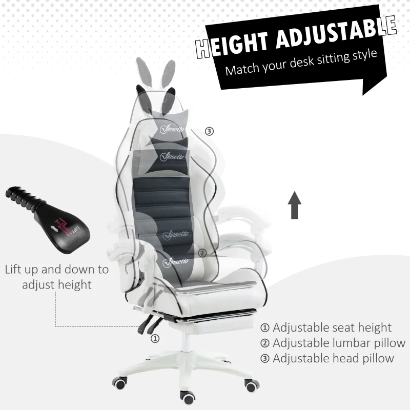 HOMCOM Cute Racing Gamer Chair, PU Leather Gaming Chair with Footrest, Headrest and Lumbar Support, Black