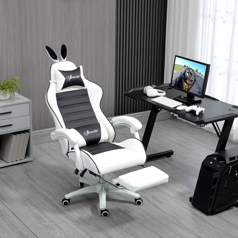 HOMCOM Cute Racing Gamer Chair, PU Leather Gaming Chair with Footrest, Headrest and Lumbar Support, Black