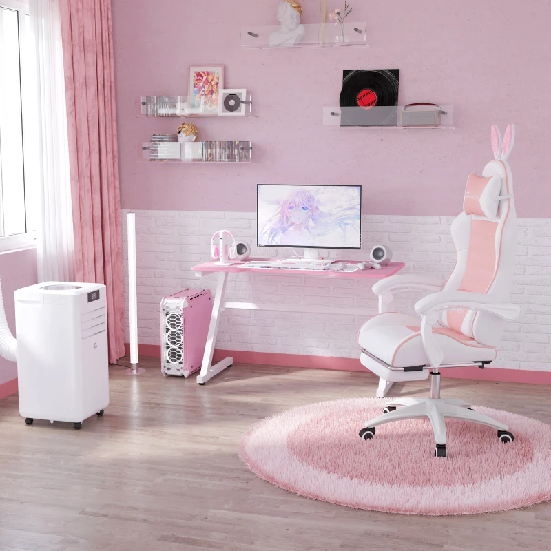 HOMCOM Cute Racing Gamer Chair, PU Leather Gaming Chair with Footrest, Headrest and Lumbar Support, Pink