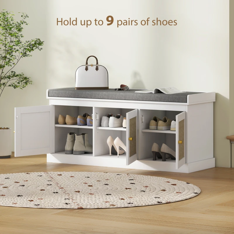 HOMCOM Shoe Storage Bench with Woven Rattan Doors, Shoe Bench with Cushion, Adjustable Shelves, Entryway Bench, White