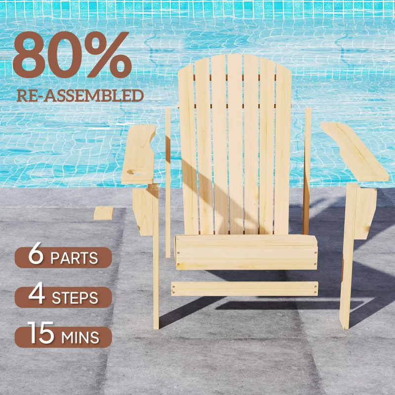 Outsunny Oversized Adirondack Chair, Outdoor Fire Pit and Porch Seating, Classic Log Lounge w/ Built-in Cupholder, Natural Wood