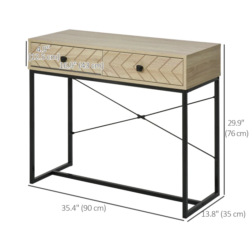 HOMCOM 36" Console Table with 2 Storage Drawers, Narrow Entryway Table with Metal Frame and Back X-Bar for Behind Couch, Living Room, Study Room, Office