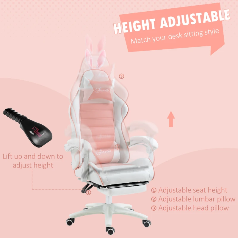 HOMCOM Cute Racing Gamer Chair, PU Leather Gaming Chair with Footrest, Headrest and Lumbar Support, Pink