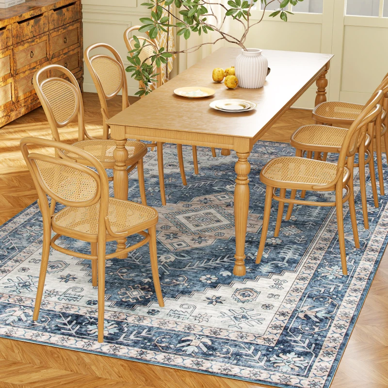 HOMCOM 4x6 Area Rug, Vintage Washable Rug, Non-Slip Floor Carpet for Living Room, Bedroom, Dining Room, Blue
