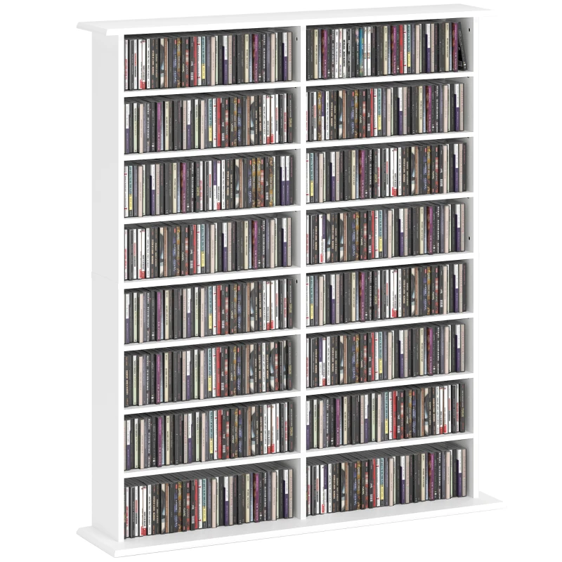 HOMCOM 8-Tier DVD Shelf with 12 Adjustable Shelves, Double CD Shelf, Holds 720 CDs, 396 DVDs or 396 Blu-rays, White