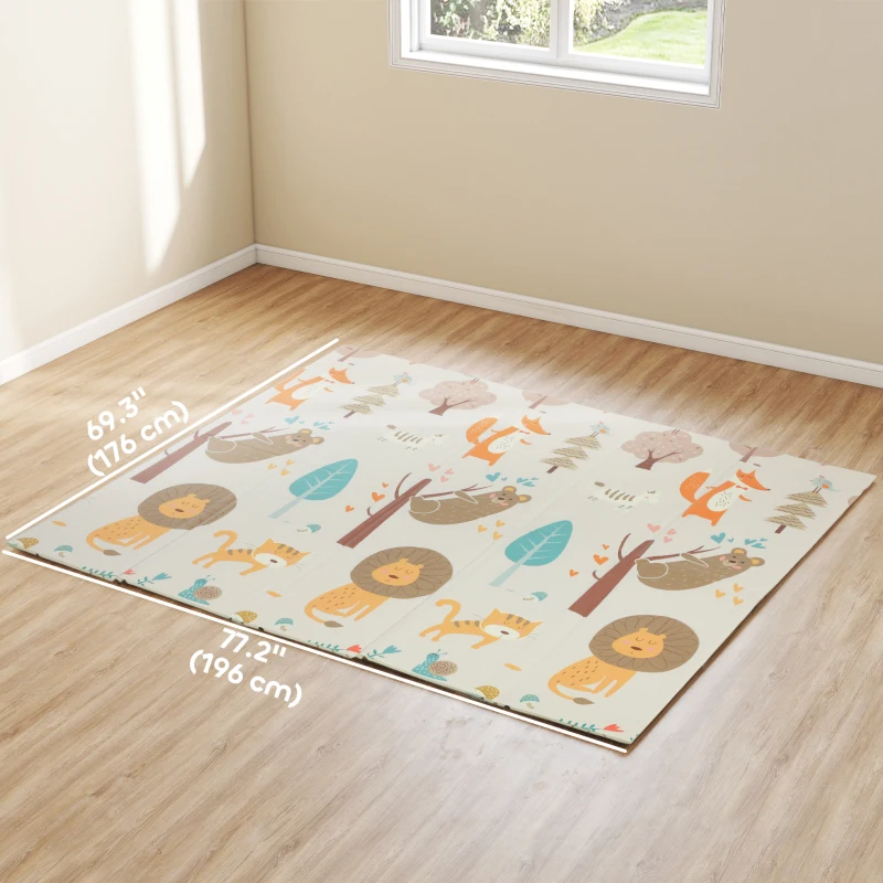 Qaba Double Sided Baby Play Mat, Reversible & Waterproof Foldable Crawling Mat, Animal Theme