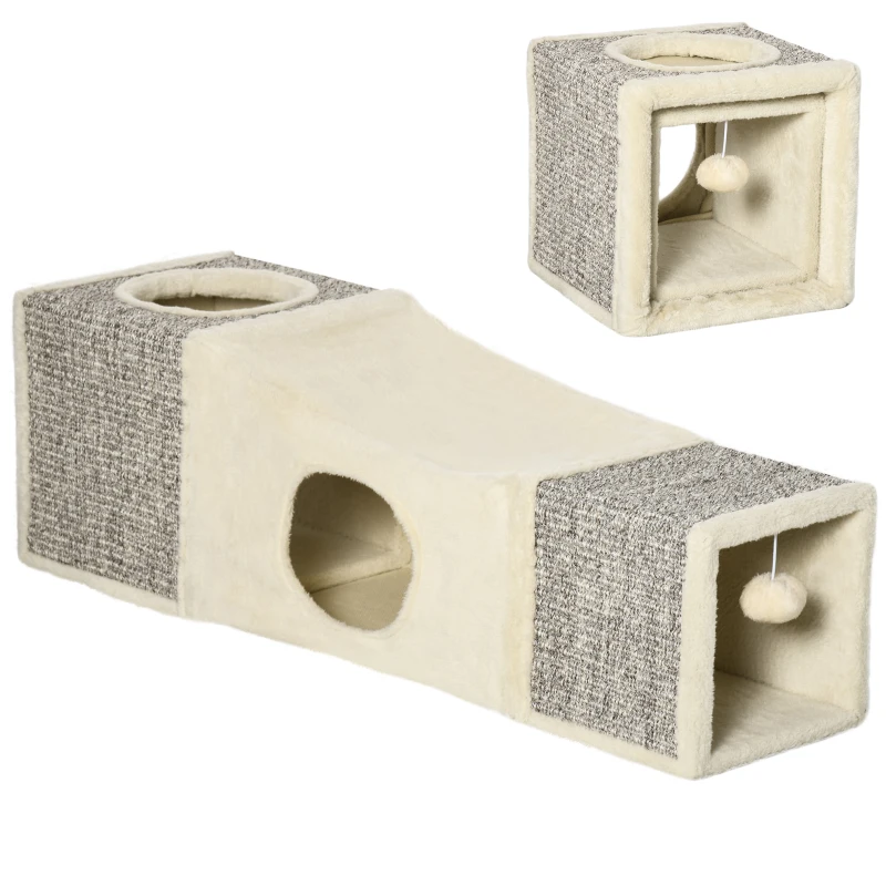 PawHut 39" Long Cat Tunnel, Plush Catio Outdoor Cat Enclosure with Two Caves and Hanging Ball, Cream White